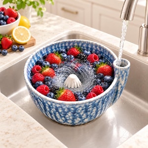 Puede incluir: Un cuenco colador de bayas de cerámica con motas azules y blancas, que presenta un cono central blanco y un pico lateral. El cuenco está lleno de fresas, arándanos y moras frescas que se enjuagan bajo un chorro de agua de un grifo.
