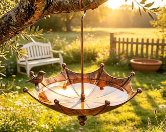 Vaschetta per uccelli sospesa a forma di ombrello, mangiatoia per uccelli vintage in metallo, vassoio per uccelli da appendere all'albero, decorazione da giardino rustica in bronzo, regalo per appassionati di birdwatching.