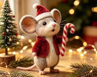 Handmade Felt Christmas Mouse Figurine, Cute Winter Mice Ornament, Festive Tabletop Holiday Decor, Christmas Gift For Home Decor Lovers