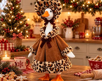 Roupa de Natal para Ganso de Varanda de 58 cm, Conjunto de Vestido Festivo com Estampa de Leopardo, Roupas Festivas para Ganso, Decoração de Fazenda de Inverno