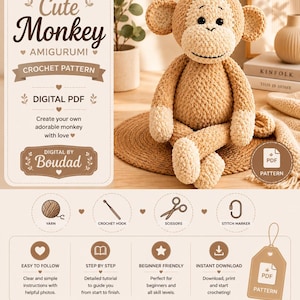 Può includere: Uno schema digitale in PDF per un giocattolo a forma di scimmia all'uncinetto. Il documento riporta il testo Cute Monkey AMIGURUMI CROCHET PATTERN, Digital by Boudad, e icone di filato, uncinetto, forbici e segnapunti, con una foto di una scimmia.