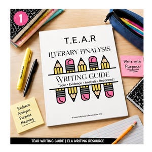 May include: A white T.E.A.R. Literary Analysis Writing Guide document featuring illustrations of yellow pencils with pink erasers. The text includes Topic, Evidence, Analysis, Reconnect, and the phrase Write with Purpose on a pink sticky note.