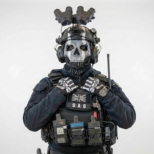 May include: A tactical uniform featuring a black skull mask, a black helmet with mounted night vision goggles, and a black plate carrier vest. The vest displays a Union Jack patch with the text SAS, and the gloves feature a white skeleton print.