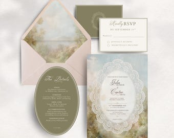 Plantilla de conjunto de invitaciones de boda, invitación de boda de encaje vintage, tarjetas de confirmación de asistencia y detalles editables en Canva, forro de sobre con diseño de jardín.