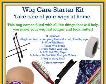 May include: A Wig Care Starter Kit with the text "Take care of your wigs at home!" includes a wire wig brush, tease wig brush, nude nylon wig cap, 1.5-inch wig tape, bobby pins, and a bag. Colors may vary.