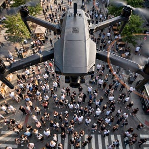 May include: A dark grey quadcopter drone with four rotating propellers and a central camera gimbal. The drone features a sleek, aerodynamic body with the text Mavic 3 printed on the side arms, hovering above a crowded city street scene.