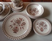 Johnson Bros. Jamestown, Old Granite, Brown Transferware 18 piece set 6 Dinner plates 6 Cereal Bowls 6 Bread and Butter Plates