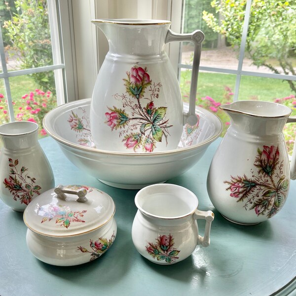 Antique Ironstone Wash Set by Wallace and Chetwynd 8 pieces Moss Rose Pattern circa 1890s