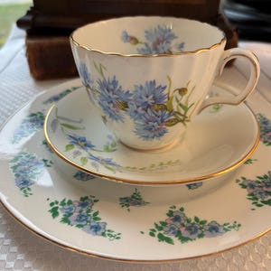 Vintage English Fine Bone China Teacup Trio Mismatched Set Something Blue