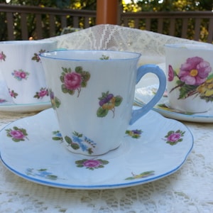 Shelley Teacup Pair Demi Size, madei n England, Shelley Teacup and Saucer Set, Rosebud, Roses, Pansies, and Forget-Me-Nots