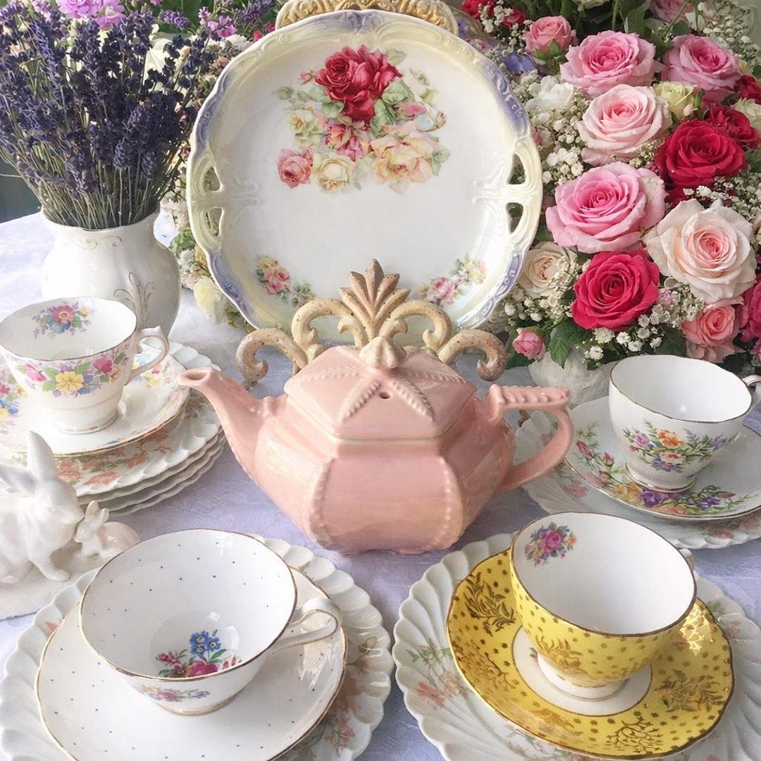 Mismatched Vintage Tea Set for 4: Floral China, Pink Teapot, Elegant ...