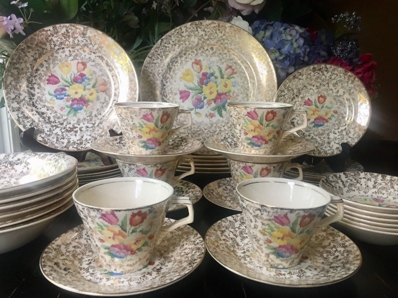 Vintage English Chintz China Service for 6 Old English Sampler Etsy