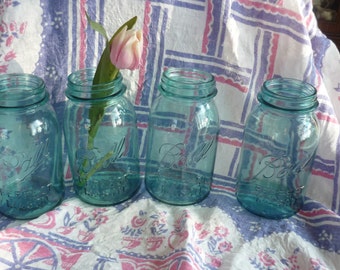 Vintage Ball Mason Jars: Aqua Blue Quart Canning Jars, Set of 4