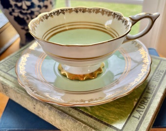 Rare Vintage Mint Green and Gold Filagree Teacup and Saucer Set by Royal Stafford Fine English Bone China FREE SHIPPING