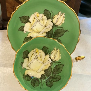 Rare Paragon Green with White Rose Teacup and Saucer Set H. M. Queen Mary