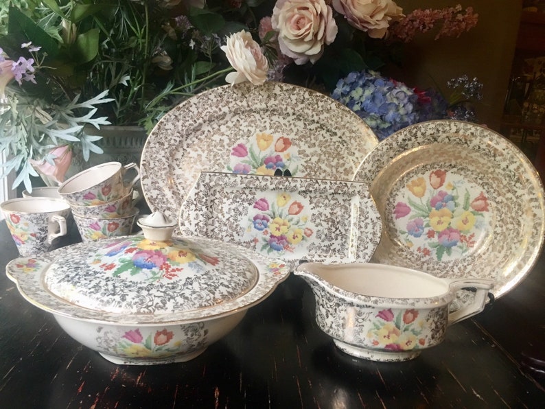Vintage English Chintz China Service for 6 Old English Sampler Etsy