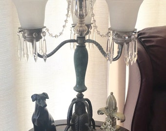 Antique Brass Table Lamp: Mercury Glass, Crystal Prisms, Marble Base
