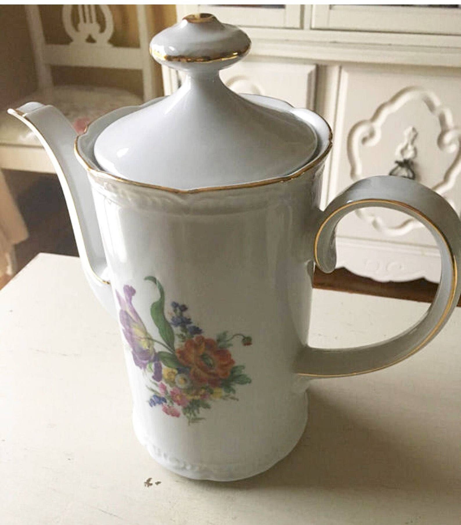 J.W.K. Western Germany Coffee Pot With Dresden Style Flowers Etsy