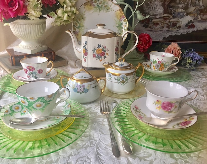 Tea Set for 4,  all English Teacups and Saucers, Rogers Silverplate and 2 Sets of Tea Plates and Arthur Wood English Teapot FREE SHIPPING