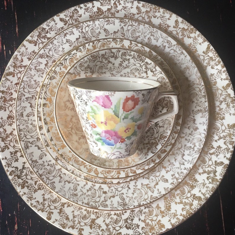 Vintage English Chintz China Service for 6 Old English Sampler Etsy