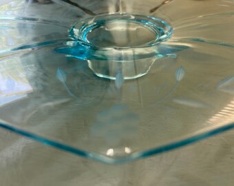 Vintage Turquoise Blue Glass Cake Stand Depression Glass, Etched Flower Pattern, Octagon  Shape