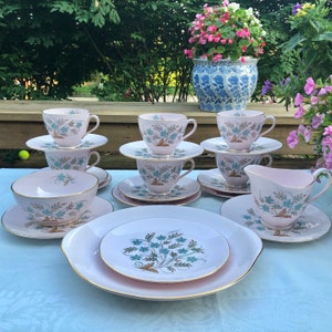 Wedding Gift Vintage English Tea Set for 6 Baby Pink with Deep Aqua Flowers by Tuscan in the Blue Star Pattern