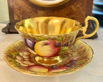 Aynsley Orchard Gold Teacup and Saucer Set Signed D. Jones and N. Brunt  Free Shipping