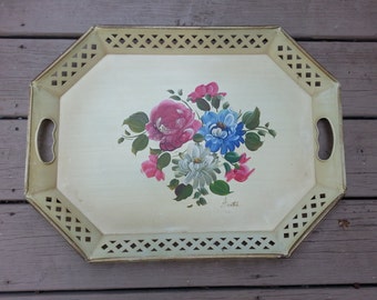 Gorgeous Toleware Tray by Nashco, New York, signed by Artist, 20 Inches by 15 Inches Hand Painted Metal Tray Shabby Chic