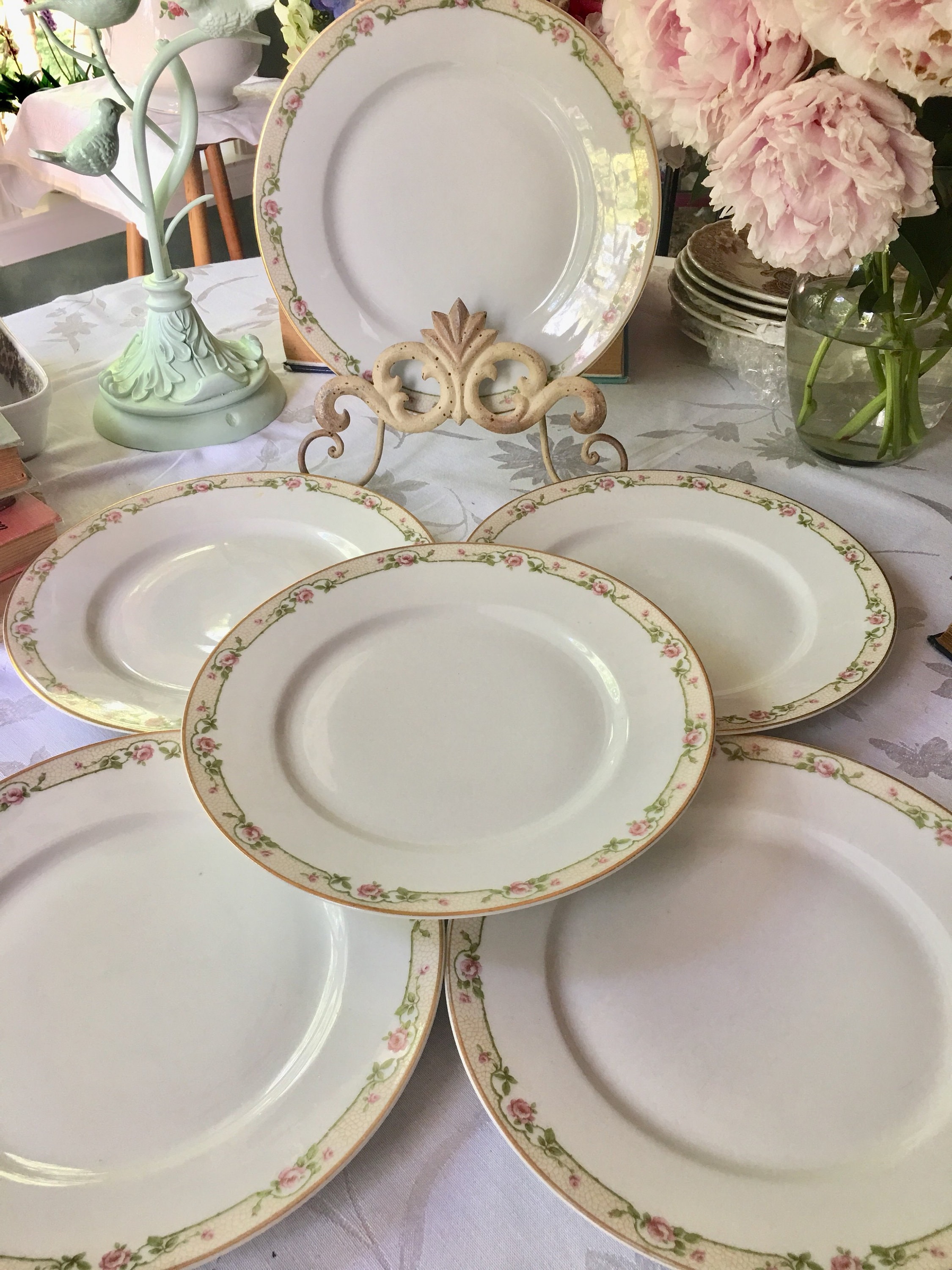 Antique Theodore Haviland Limoges Dinner Plates: Pink Roses, Set
