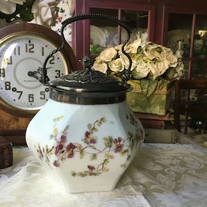 Antique Hand Painted Art Glass and Silverplate Biscuit Barrel FREE SHIPPING