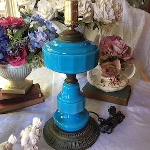 Vintage Blue Opaline Glass Table Lamp - 1920s Electric Light (16 inches)