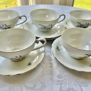 Vintage Europa Czechoslovakia Teacup and Saucer Sets: Blue Floral Porcelain