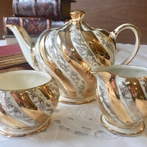 Wedding Gift Sadler Swirl Gold Chintz Tea Set For One Sadler Teapot with Creamer and Open Sugar Bowl FREE SHIPPING