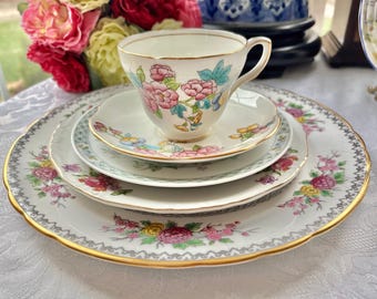 Vintage China Set Place Setting, Chinoiserie Pattern ,5 pieces, Wedding China Bridgerton Tea