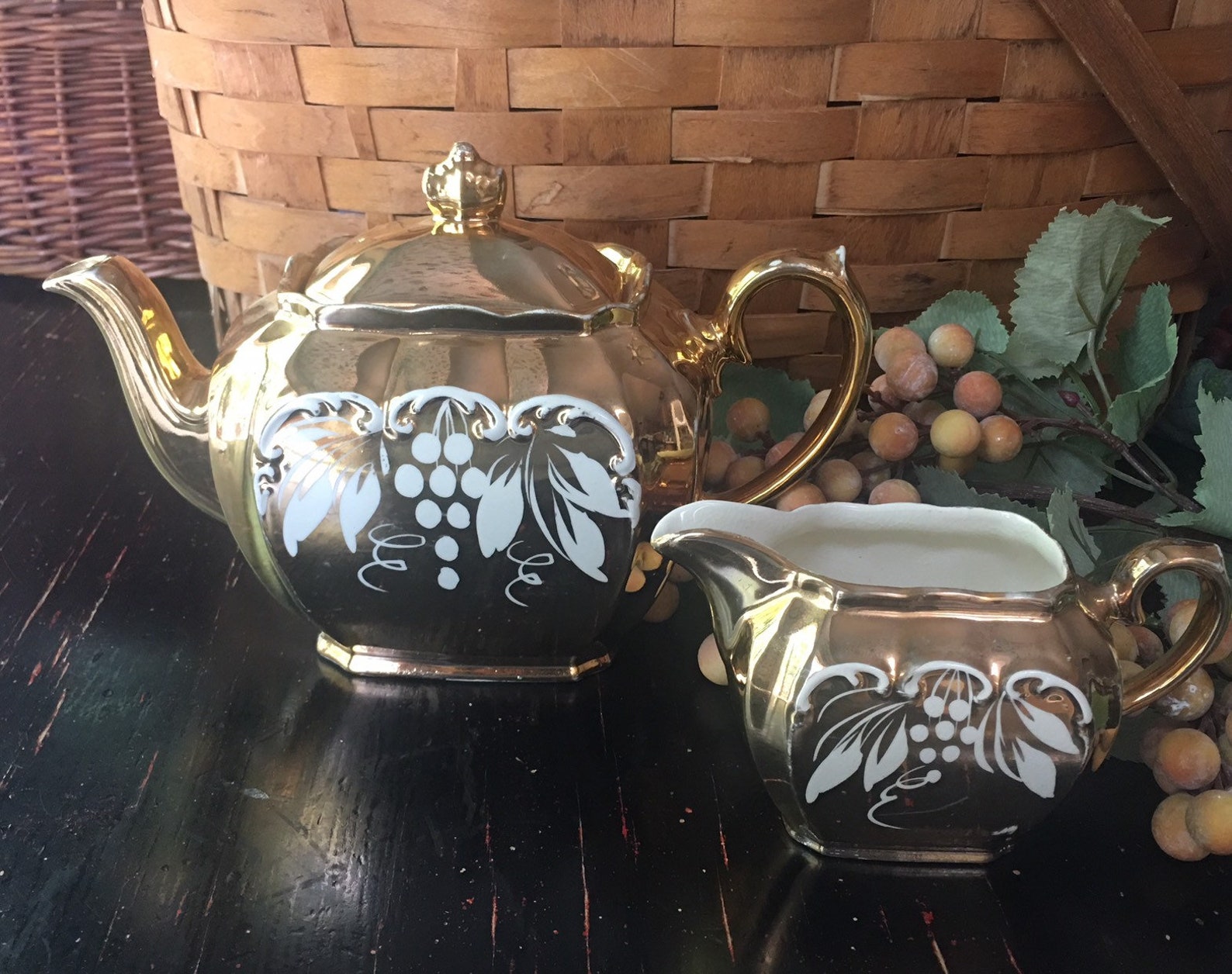 Sadler Cube Teapot and Creamer Set Gold Cube Teapot With Grape Etsy