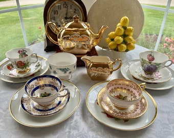 Vintage Tea Set with Sadler Cube Teapot and English Teacup  and Saucer Set s, 16 pieces Fall Tea Set