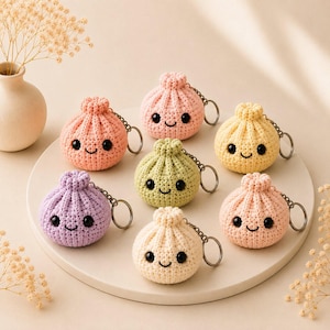 Mönster för virkad nyckelring med dumplings | Nyckelrings-Amigurumi utan syning | Kawaii nyckelring i plysch | Nybörjarvänlig