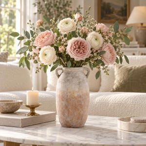 May include: A tall, two-handled ceramic vase with a textured, ombre finish transitioning from a light grey top to a warm, earthy terracotta base. The vase is filled with a lush arrangement of soft pink and white garden roses and greenery.