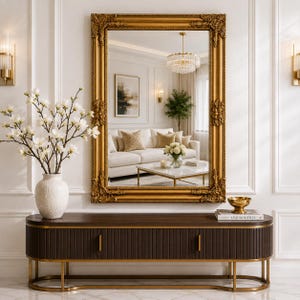 May include: A rectangular wall mirror with an ornate gold frame featuring intricate carvings. Below the mirror sits a dark brown, oval-shaped console table with vertical slats, gold metal trim, and a gold bowl on top. A white vase with white flowers is placed to the left.