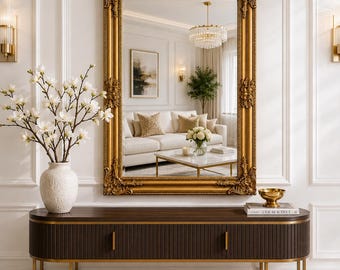 Ornate Gold Wall Mirror, Vintage Style Baroque Framed Mirror, Antique Look Rectangular Mirror for Bathroom Vanity Entryway Living Room Decor