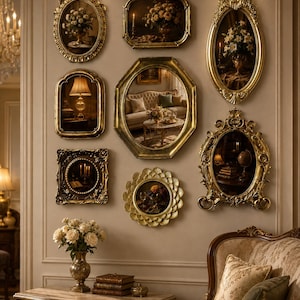 May include: A gallery wall arrangement featuring eight ornate gold-toned frames of various shapes, including oval, rectangular, and octagonal designs. The collection includes several framed still-life paintings and a central mirror reflecting a room.