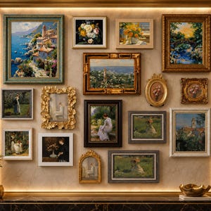 May include: A gallery wall featuring a collection of various framed landscape and portrait paintings in diverse styles, including ornate gold, wooden, and simple frames, arranged symmetrically on a light-colored wall with integrated warm lighting.