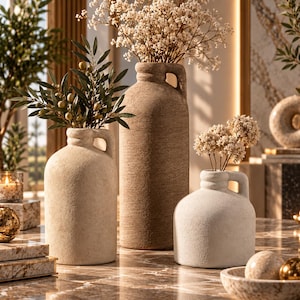 May include: Three textured ceramic jugs with side handles in varying heights and neutral earth tones. The tallest jug holds white dried flowers, the medium jug contains olive branches with small green olives, and the shortest jug holds white flowers.