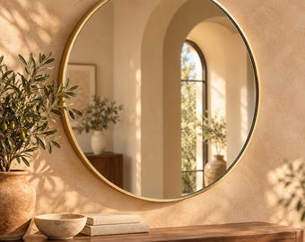 Round Wall Mirror with Thin Metal Frame, Gold Black Silver or White Circle Mirror, Bathroom Vanity Entryway Bedroom Mirror,Housewarming Gift