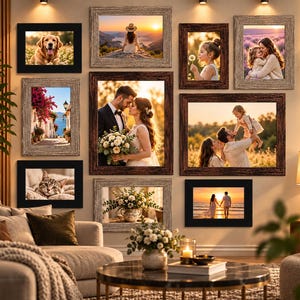 May include: A gallery wall arrangement featuring ten rectangular picture frames in various sizes, colors, and textures, displaying diverse photographic prints of people, animals, and landscapes, mounted on a neutral-toned wall above a living room sofa.