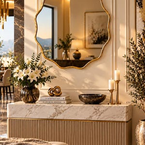 May include: A scalloped gold-framed wall mirror hangs above a rectangular console table with a white marble top and a ribbed beige base. The table holds a glass vase with white lilies, a gold knot sculpture, two books, and a dark marble bowl.