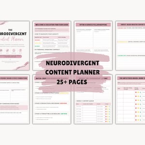 Op de afbeelding: Een digitale contentplanner met een lichtroze en wit kleurenschema, bestaande uit acht afzonderlijke pagina's met de titels The Neurodivergent Content Planner, Welcome & Executive Function Guide, Offer & Service Pillar Mapping, Energy-Based Master Content Vault, Sensory-Friendly Brand & Voice Foundations, Batch-Creation Workflow Tracker, Weekly Mid-Overwhelm Layout en The Unfiltered Brain-Dump Inbox.