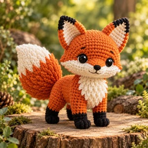 May include: A crocheted fox soft toy featuring bright orange yarn, a white chest, a white-tipped bushy tail, and black accents on the ears and paws. The toy has large, round, glossy black eyes and a small black stitched nose and mouth.