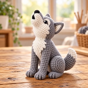 May include: A crocheted wolf figurine in a sitting position with its head tilted upward. The wolf is crafted from grey and cream-colored yarn, featuring a dark nose, black eyes, and a white-tipped tail, showcasing detailed stitch work throughout.