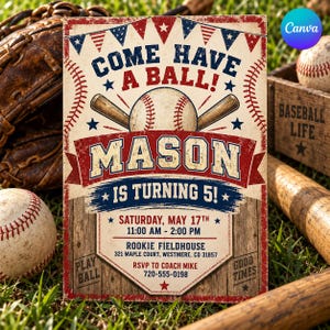 Op de afbeelding: Een rechthoekige verjaardagsuitnodiging met een honkbalthema in de kleuren rood, wit en blauw. De tekst luidt: COME HAVE A BALL! MASON IS TURNING 5! SATURDAY, MAY 17TH, 11:00 AM - 2:00 PM, ROOKIE FIELDHOUSE, 321 MAPLE COURT, WESTMERE, CO 31857, RSVP TO COACH MIKE 720-555-0198.